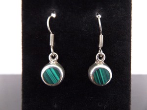 .925 Sterling Silver Inlayed Malachite Hook Dangle Earrings