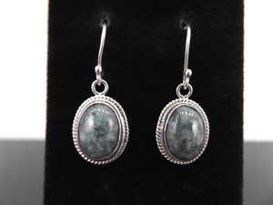 .925 Sterling Silver Green Moss Agate Cabochon Hook Dangle Earrings