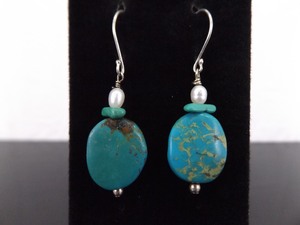 .925 Sterling Silver Pearl and Turquoise Cabochon Hook Dangle Earrings