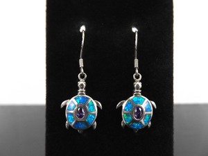 .925 Sterling Silver Amethyst and Opal Inlay Sacred Turtle Hook Dangle Earrings