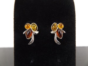 .925 Sterling Silver Amber Cabochon Leaf Post Earrings