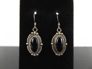 .925 Sterling Silver Black Onyx Cabochon Hook Dangle Earrings