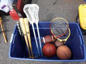 lot 62 image: Bin Of Sporting Goods Bats, Tennis Racquets, Footballs, Basket Balls, Lacrosse