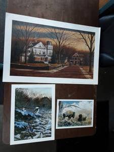 lot 21 image: Cobblestone Corner By Gene Stocks 31x20, Birds By Kelley 13x17, & Buffalo By Ray Whitson 12x9