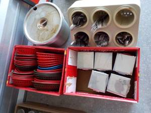 lot 11 image: 3 boxes and kettle silverware, plas...