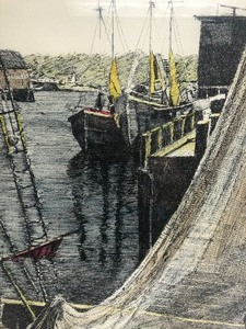 lot 23 image: Vintage Framed Signed Numbered Harbor Scene wBoats Lithograph