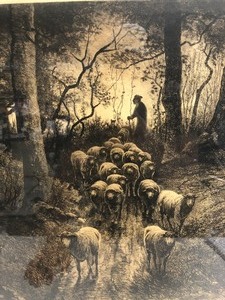 lot 24 image: Antique Carleton Wiggins Etching - Sheep Herding