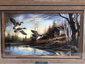 lot 30 image: Excellent Framed Terry Redlin Print - Backwoods Cabin