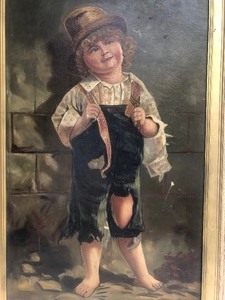 lot 2 image: Framed Antique 1880s Era Oil on Canvas Street Urchin Painting