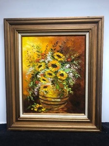 lot 107 image: Vintage Framed Signed Mid Century Oil on Canvas Still Life Sunflower Painting 