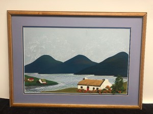 lot 111 image: Framed Signed Vintage House on a Lake Painting on Woven Background