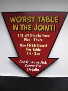lot 61 image: Large Wooden Painted Arrow Restaurant Sign - Worst Table In The Joint