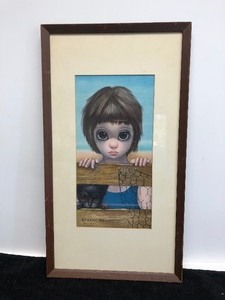 lot 117 image: Vintage 1960s Framed MARGARET KEANE Big Eyes - Young Girl With Kitten