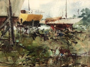 lot 120 image: Framed Signed CLAUDE CRONEY Abstract Watercolor Sailboat Harbor Scene
