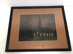 lot 121 image: Old Vintage Framed Signed Gouache on Paper Printing - Church