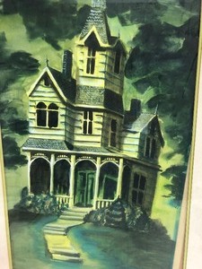 lot 122 image: Vintage Framed Signed J. Waters  Original Haunted House Gouache Painting
