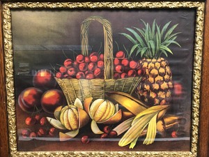 lot 113 image: Ornately Framed Antique Still Life Lithograph - Cherries & Pineapples