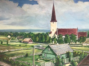 lot 136 image: Large Vintage Framed Signed Rural Countryside Town Oil on Board Painting