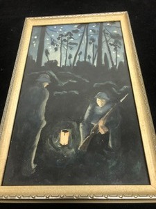 lot 145 image: Small Original World War II Era Watercolor Painting - Soldiers At Night - Guard Duty