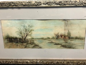 lot 146 image: Antique Framed Watercolor Farm Scene