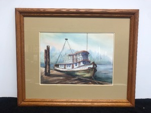 lot 149 image: Framed Signed Vintage Riverboat Watercolor Painting - Signed G. Peterson