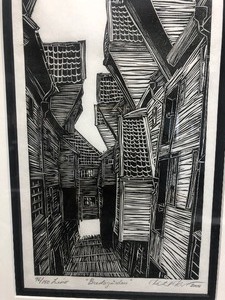 lot 151 image: Framed Signed & Numbered Linocut Town Scene Print  Bredsgarden Bergen Norway