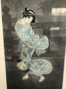 lot 153 image: Framed Vintage Japanese Geisha Girl w Lantern Woodblock Print