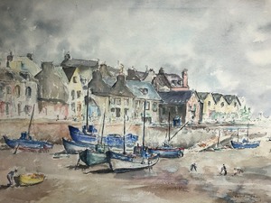 lot 154 image: LARGE Framed Signed Mid Century Original Watercolor Harbor Scene Painting