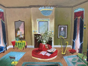 lot 169 image: Vintage Music Room of Strawberry Mansion Oil on Canvas Painting