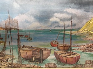 lot 174 image: Vintage Framed Reflective Metallic Finish Seaside Fishing Boat Scene
