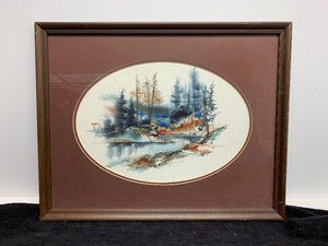 lot 16 image: Framed Signed Winona, MN Artist HERB HULTGREN Oval Watercolor Riverbank Painting