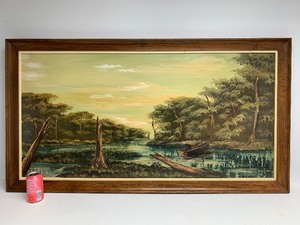 lot 181 image: LARGE Vintage Mid Century Framed Signed Riverboat Scene Oil on Board Painting by R.L. Jenks