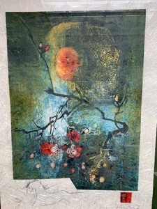 lot 183 image: Large Framed Signed Numbered Japanese Lithograph on Rice Paper - Cherry Blossoms by Boi Lebadang