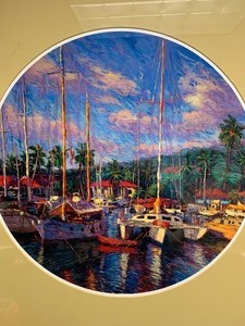 lot 184 image: Framed Signed Numbered CHRISTIAN LARSEN Round Serigraph - Marina Scene w Boats