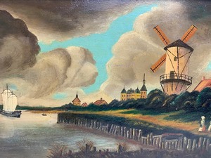 lot 187 image: Antique 19th Century Dutch Oil on Wood Painting - Shoreline w Windmill