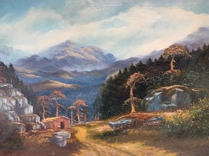 lot 4 image: LARGE Antique Framed Signed Oil on Canvas Cabin in the Woods Mountain Scene Painting 