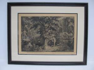 lot 188 image: Framed Antique Eve Picks the Apple From the Tree as The Serpent Emerges Etching by J.E. Ridinger
