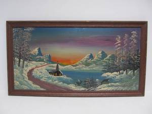 lot 190 image: Nice Original Vintage BURNETTE PLETAN Oil on Board Winter Scene Painting - 1953