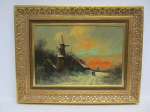 lot 192 image: Very Nice Vintage 1941 Framed Oil On Board Windmill Painting