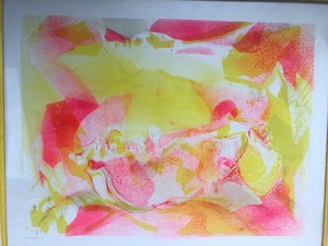 lot 34 image: Large Framed PinkYellow Abstract Lithograph - Signed Hodes