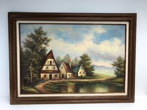 lot 39 image: Very Nice Large Signed J. Evans Cottage Scene Oil on Canvas Painting