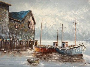 lot 40 image: Very Nice Vintage Mid Century Signed W. Jones Harbor Scene Oil on Canvas Painting