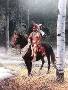 lot 44 image: Framed Signed Native American on Horseback Print wOriginal Watercolor Border