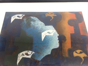 lot 48 image: Interesting Vintage Framed Vintage MCM Litho w Face
