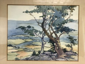 lot 53 image: Framed Signed Vintage Watercolor Rolling Hills Landscape Painting