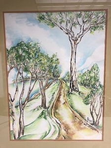 lot 56 image: Framed Signed Vintage Watercolor Landscape Path Along The Water Painting - Myrtle Sell Chaska Artist