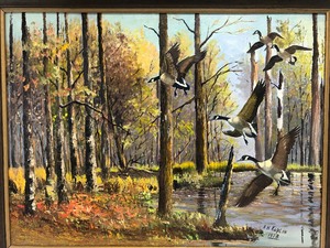 lot 59 image: Nice Large Vintage Framed Oil on Canvas Geese in The Woods Painting - Signed Keplin