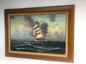 lot 1 image: Excellent LARGE Vintage Framed Signed Oil on Canvas Nautical Ship Painting