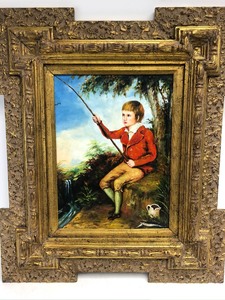 lot 5 image: Ornately Framed Signed Oil on Panel Painting - Fishing Boy
