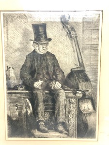 lot 216 image: Signed Antique Framed Etching - Man wCello
